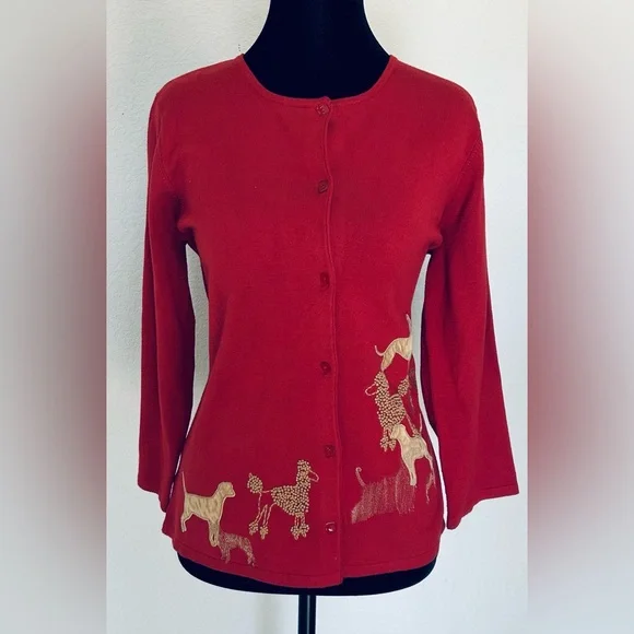Susan Bristol Red Embroidered Dog Cardigan Wool Blend Button Cottagecore F22605 - Picture 1 of 5